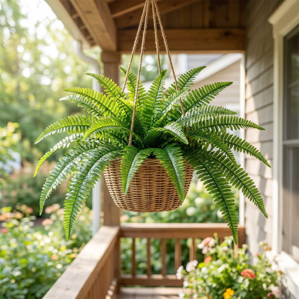 Artificial Boston fern hanging on a porch - lifestyle