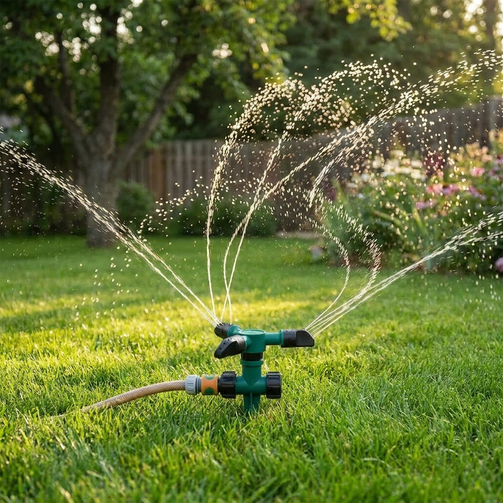 Garden sprinkler set watering a green lawn - lifestyle