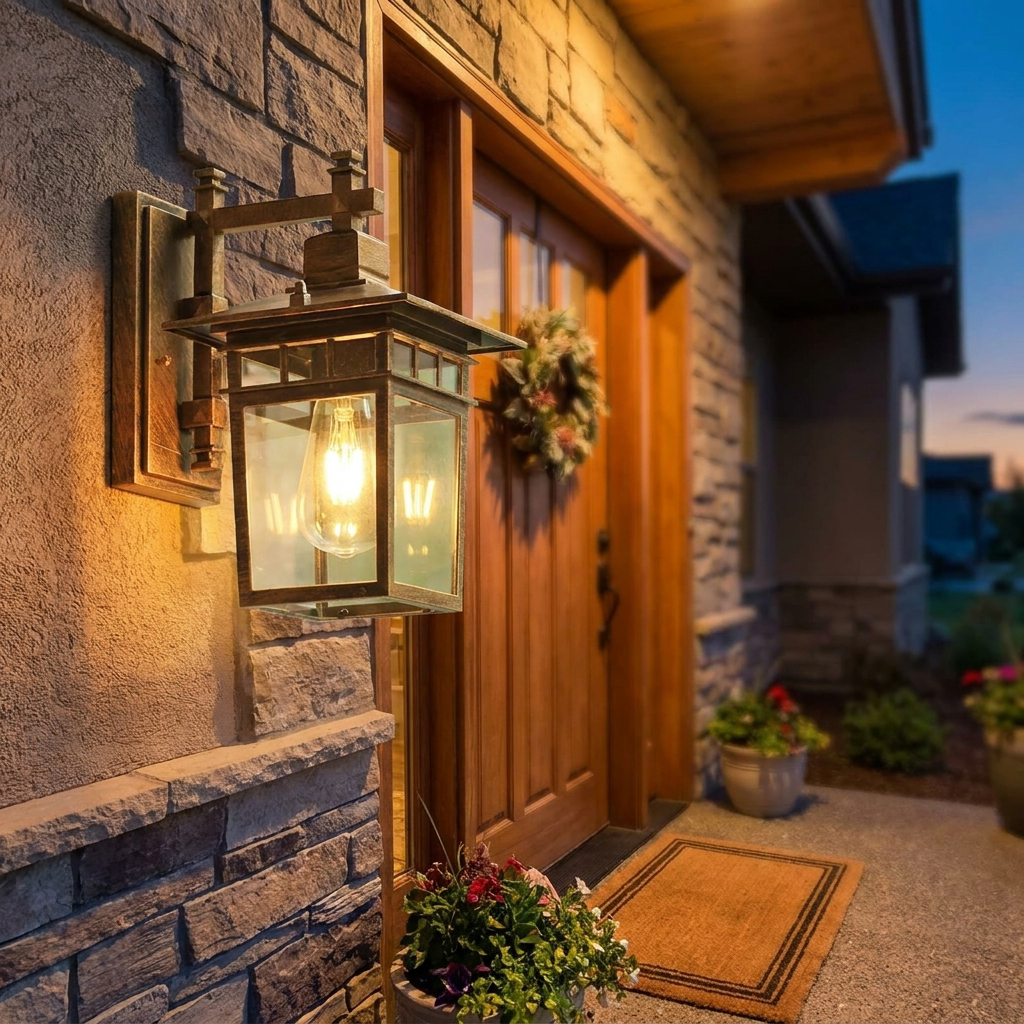 Outdoor wall light on a house exterior at dusk - lifestyle