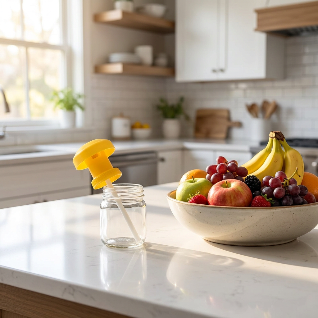 Fruit fly trap on a kitchen counter by fruit - lifestyle