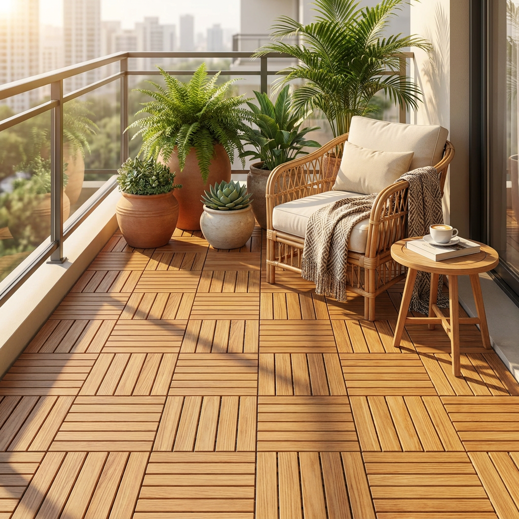 Wood deck tiles installed on a balcony - lifestyle
