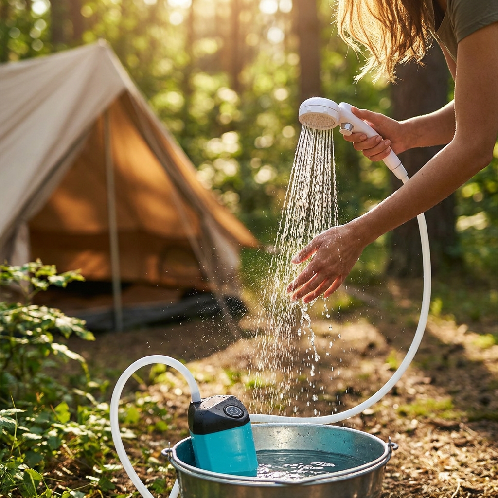 Electric portable shower in use at a campsite - lifestyle