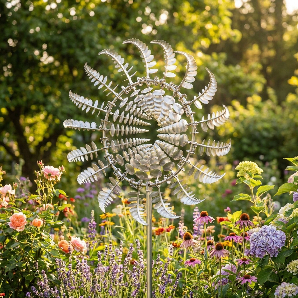 Kinetic metal wind spinner in a sunny garden - lifestyle