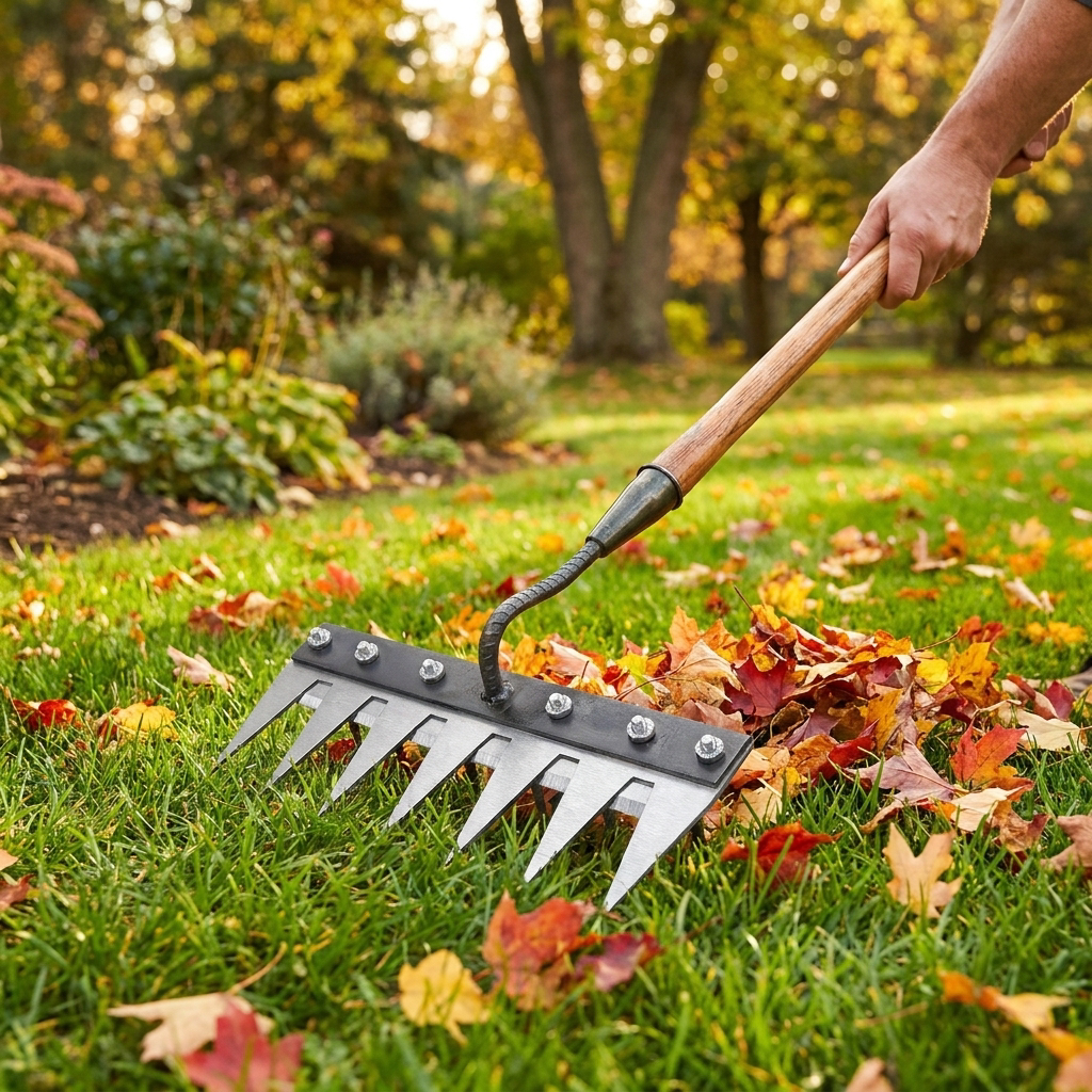 Lawn rake clearing autumn leaves - lifestyle