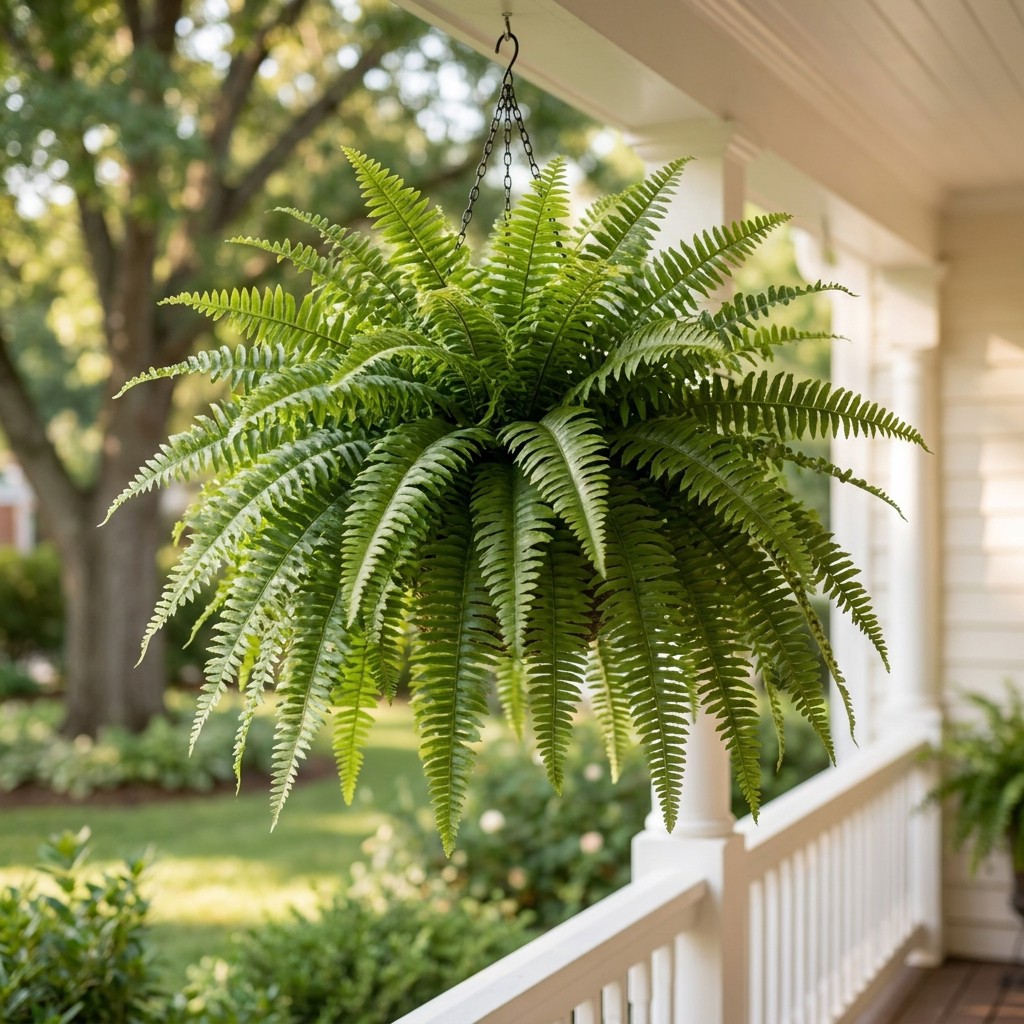 Artificial Boston fern on a porch - lifestyle