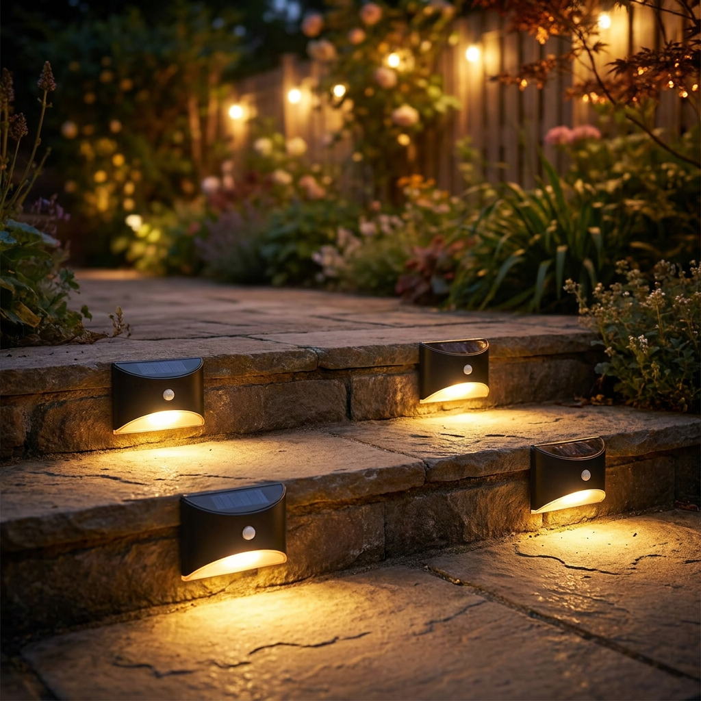 Motion-sensor fence stair lights on outdoor steps at night - lifestyle