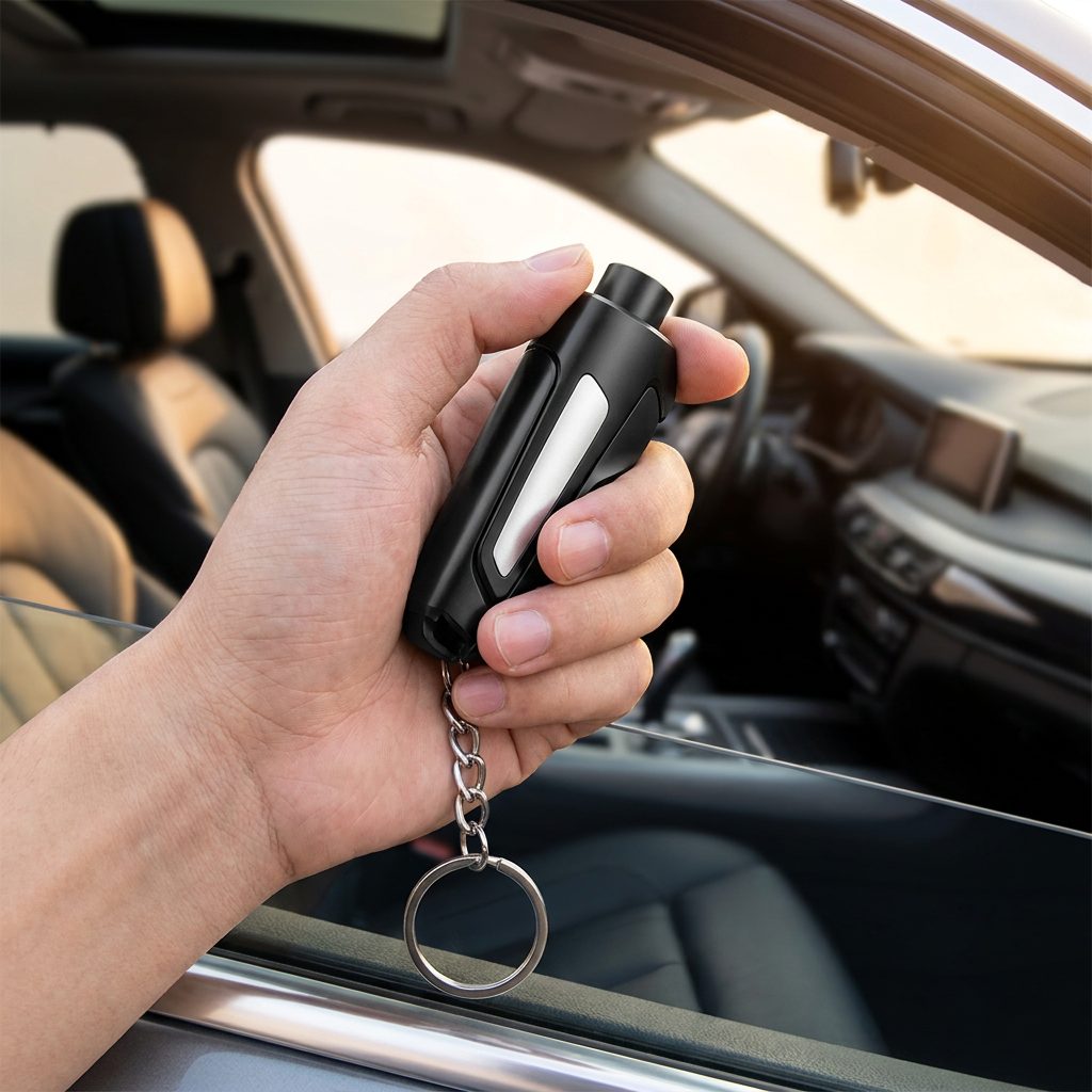 Compact car safety hammer held in a car - lifestyle