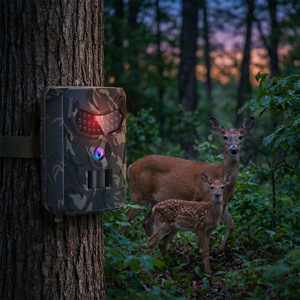 Night vision trail camera on a tree in a forest - lifestyle