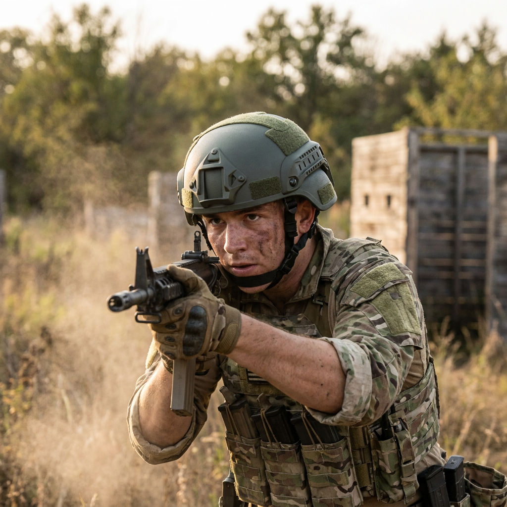 Person wearing a tactical helmet outdoors - lifestyle