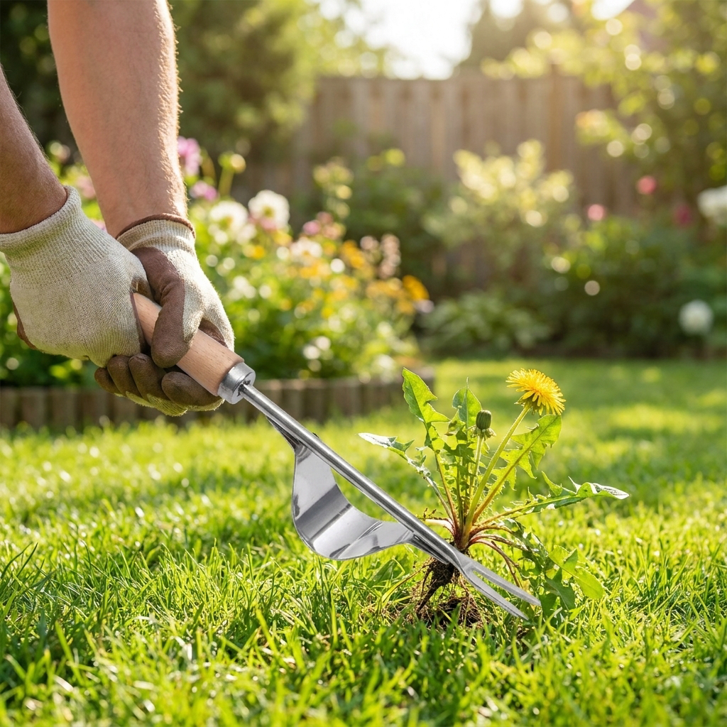 Long-handle V-shaped weed puller on a lawn - lifestyle