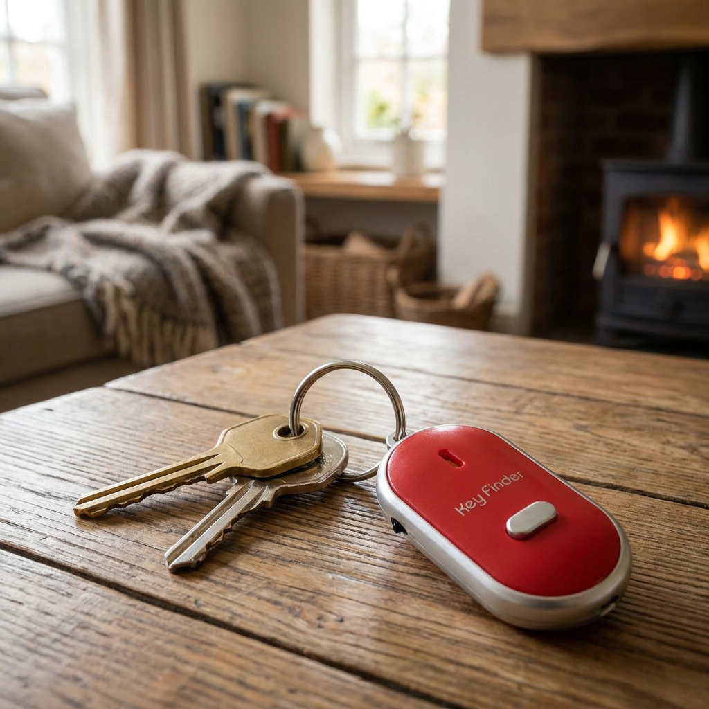 Whistle key finder attached to keys on a table - lifestyle