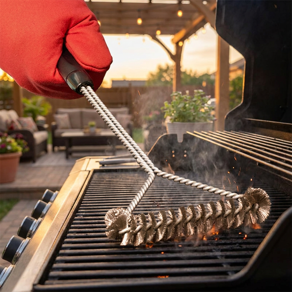 Stainless steel grill brush cleaning a BBQ - lifestyle