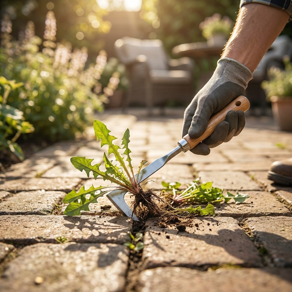 Weed puller removing weeds from brick joints - lifestyle