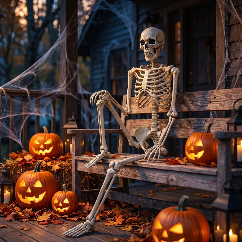 Poseable Halloween skeleton on a porch - lifestyle
