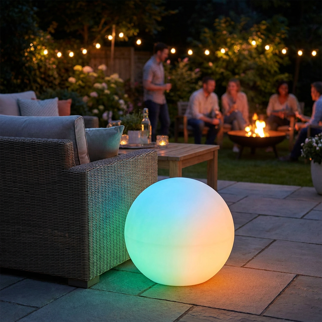 Wireless outdoor globe light glowing on a patio - lifestyle