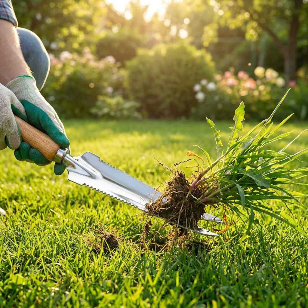 5-in-1 weed puller removing a weed from a lawn - lifestyle