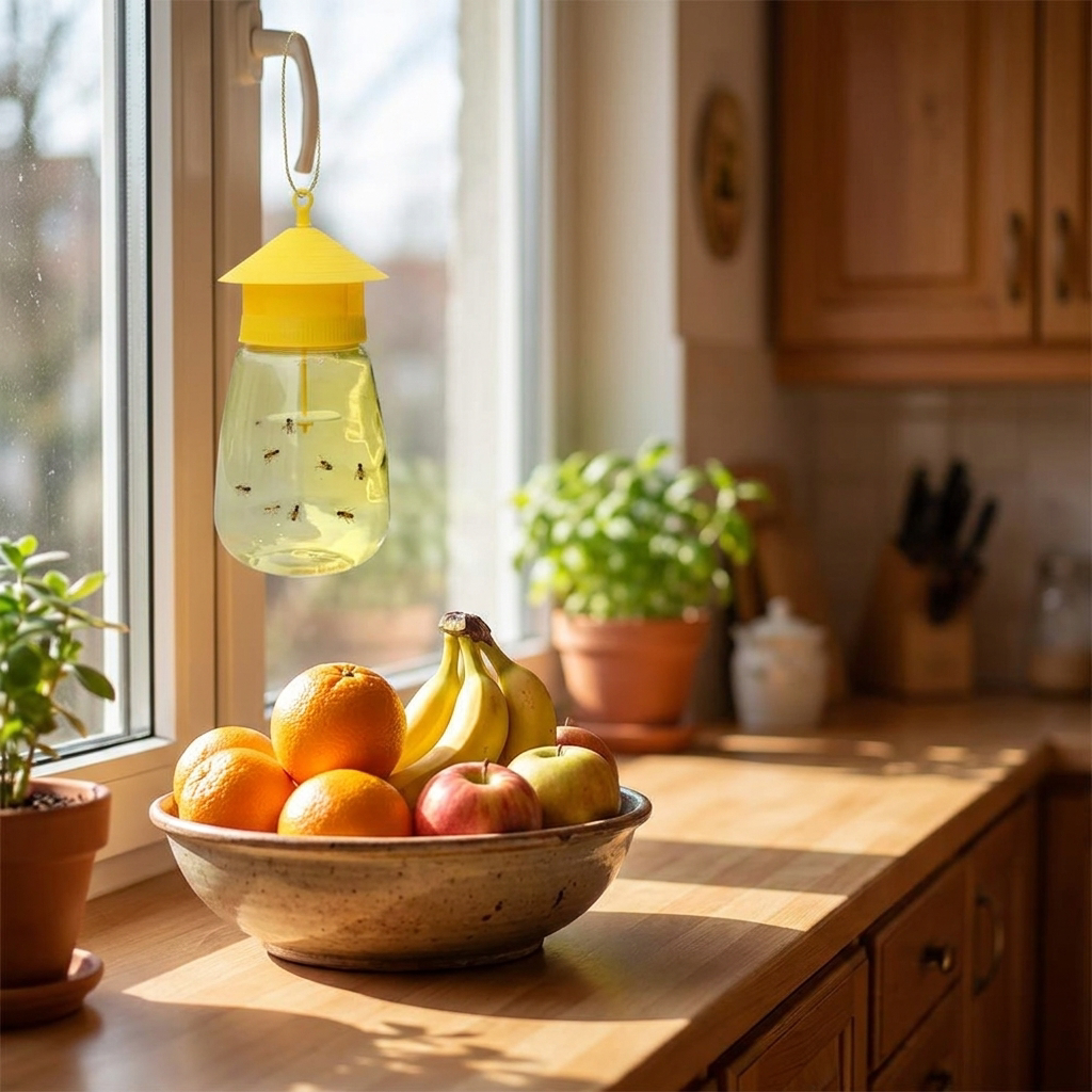 Hanging fruit fly trap by a kitchen window - lifestyle