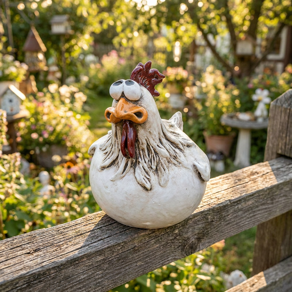 Funny chicken resin garden statues on a fence - lifestyle