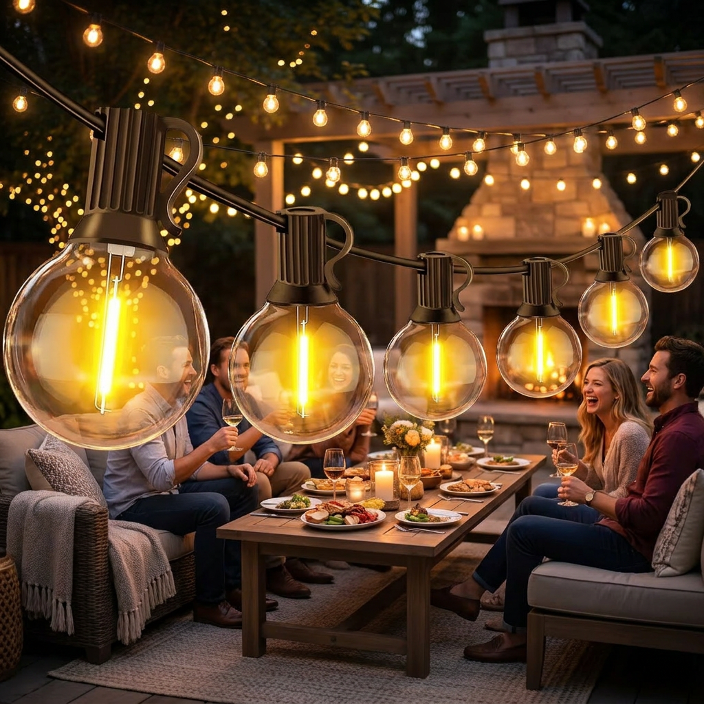 LED outdoor string lights over a patio at night - lifestyle