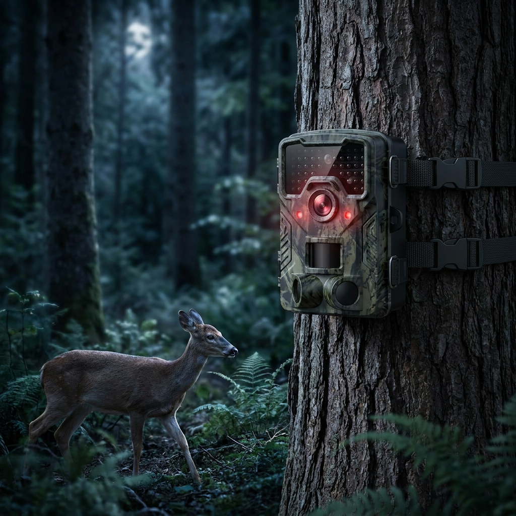 Night vision trail camera on a tree - lifestyle