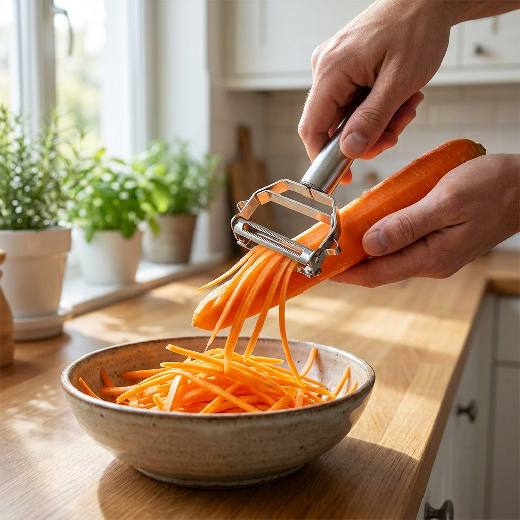 Dual-blade peeler peeling a vegetable - lifestyle