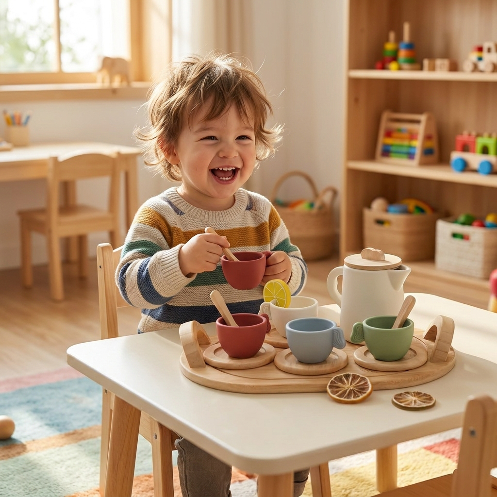 Child playing with a pretend tea set - lifestyle