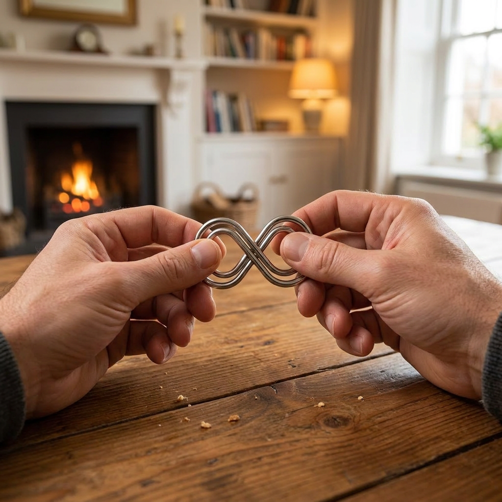 Hands solving a metal puzzle at a table - lifestyle