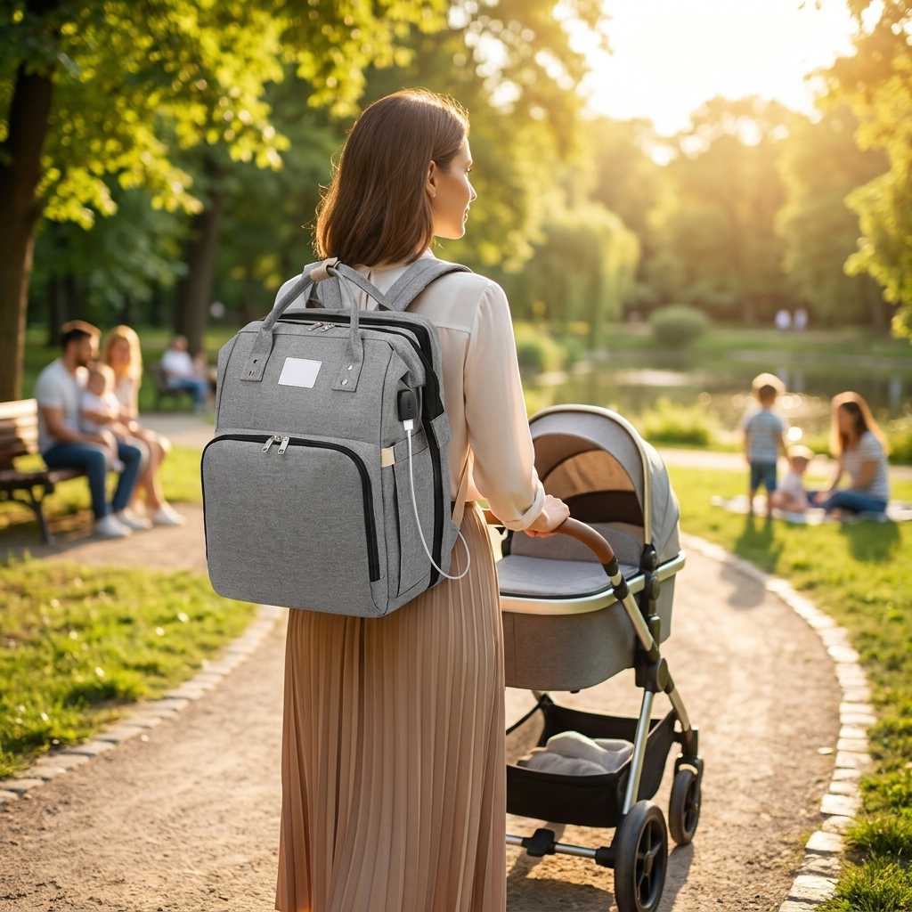 Parent carrying a baby essentials backpack in a park - lifestyle