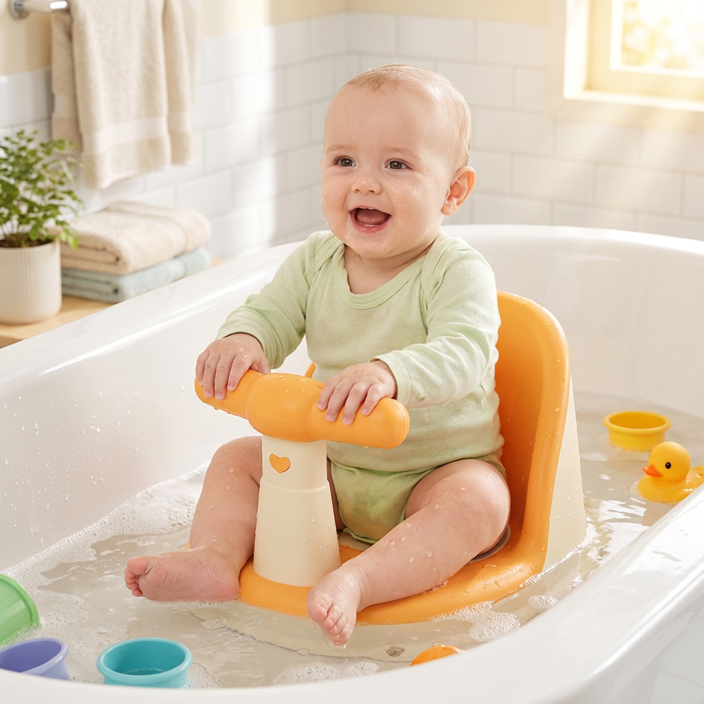 Baby sitting in a baby bath seat during bath time - lifestyle