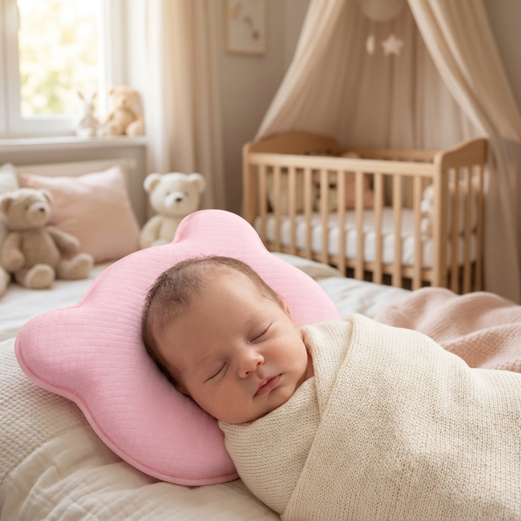 Newborn resting on an ergonomic baby pillow - lifestyle