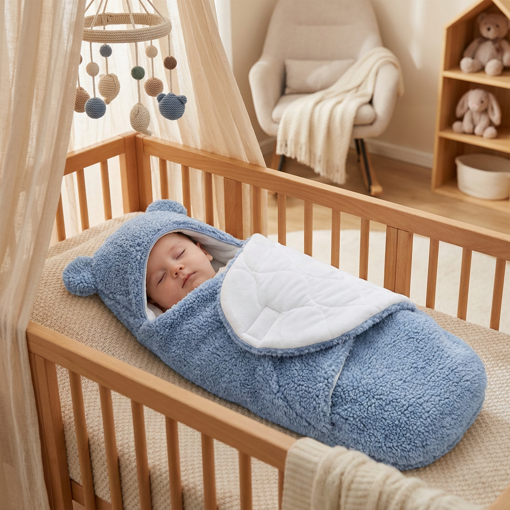 Baby wrapped in a soft baby blanket in a nursery - lifestyle