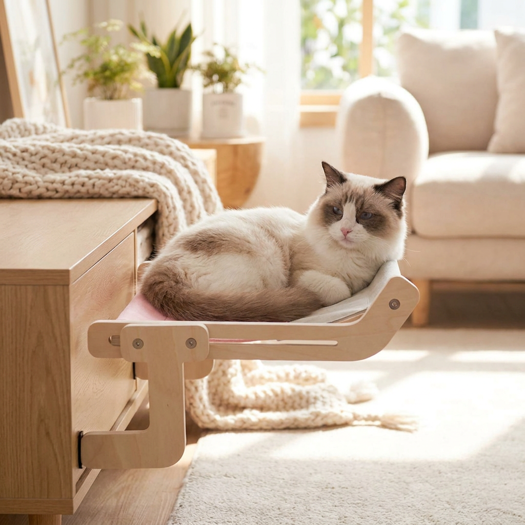 Cat lounging in a wooden cat hammock bed - lifestyle