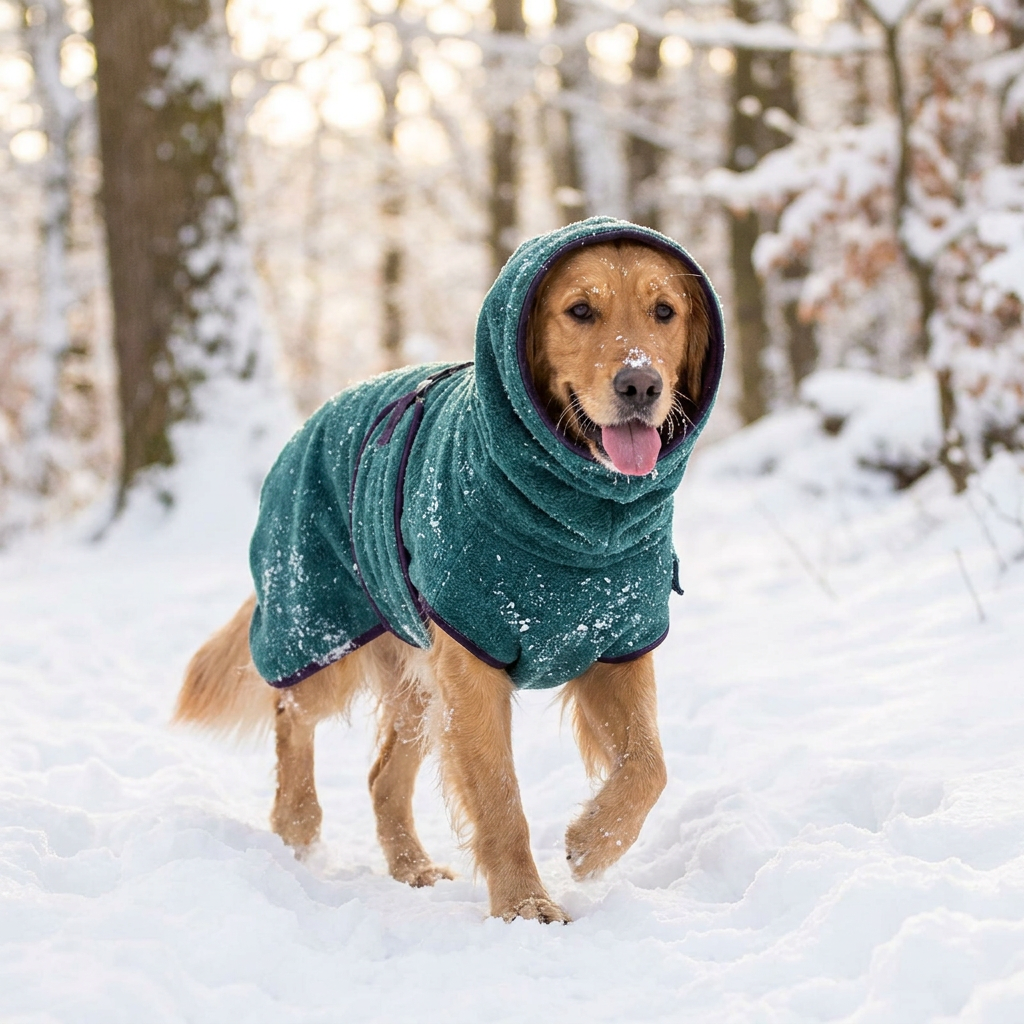 Dog wearing a waterproof winter coat on a snowy walk - lifestyle