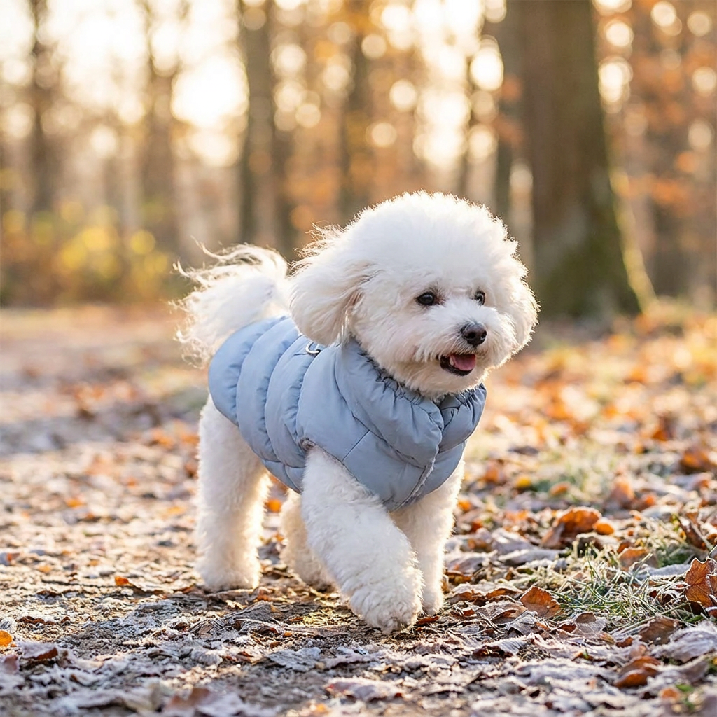 Small dog wearing a warm winter jacket on a walk - lifestyle