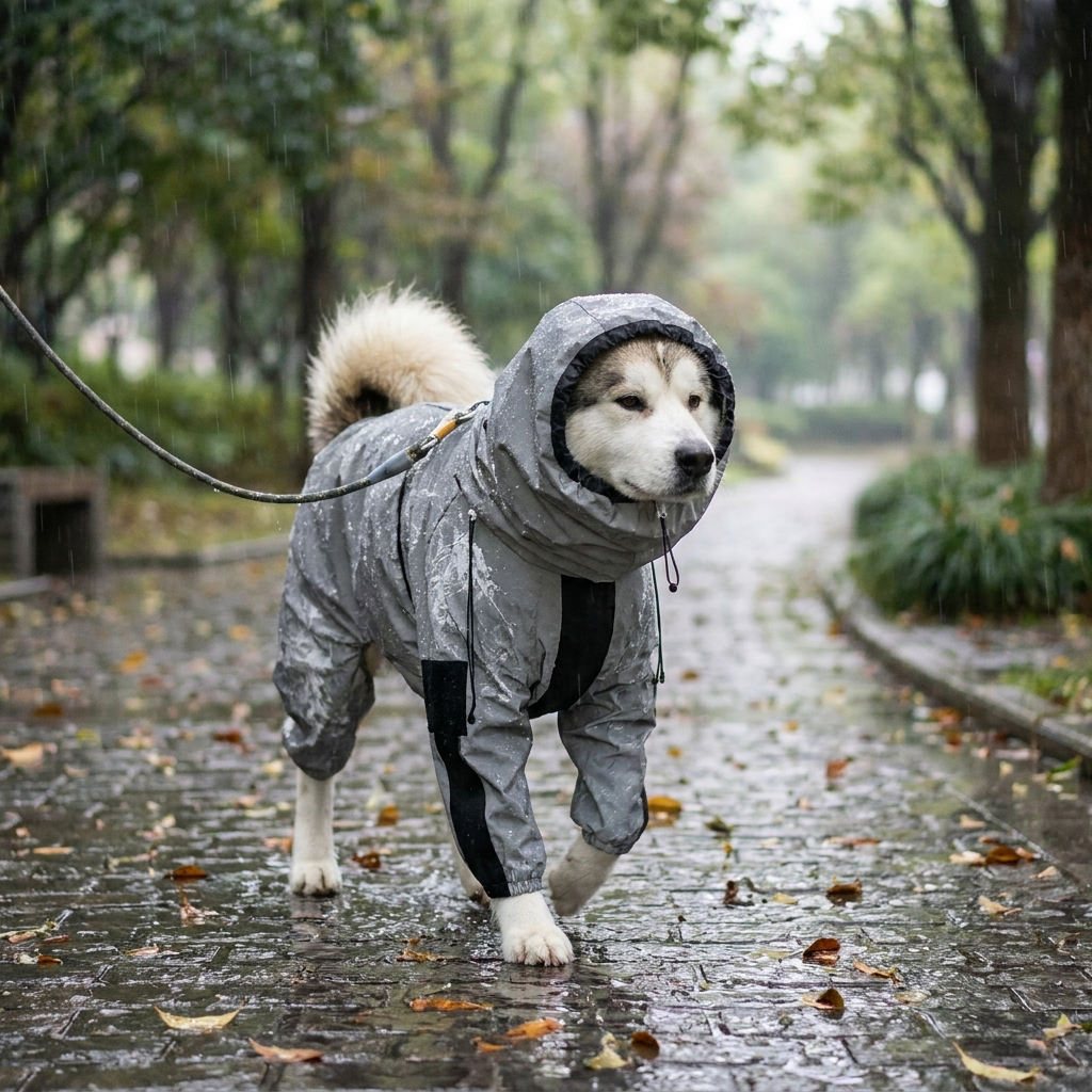 Dog wearing a waterproof raincoat on a rainy walk - lifestyle