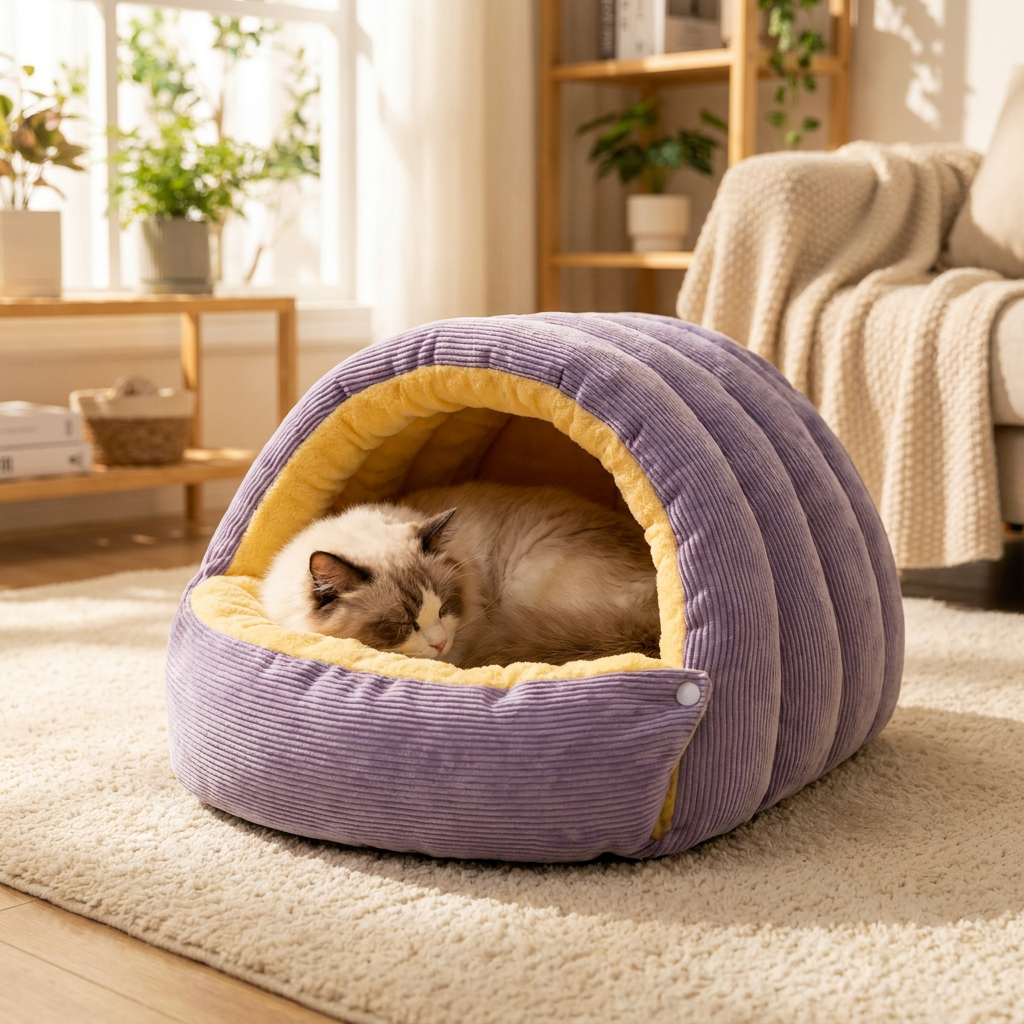 Cat curled up inside a fleece cat cave bed - lifestyle