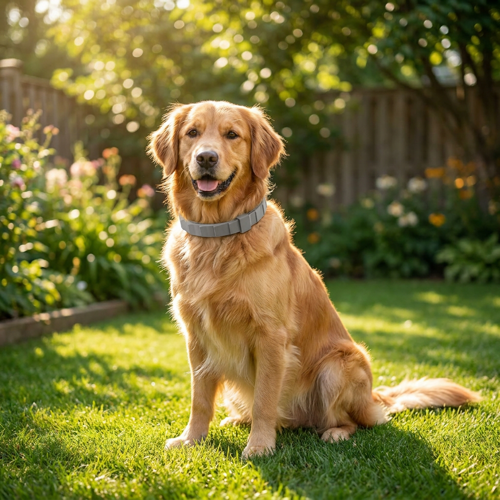 Dog wearing a tick and flea protection collar in a backyard - lifestyle