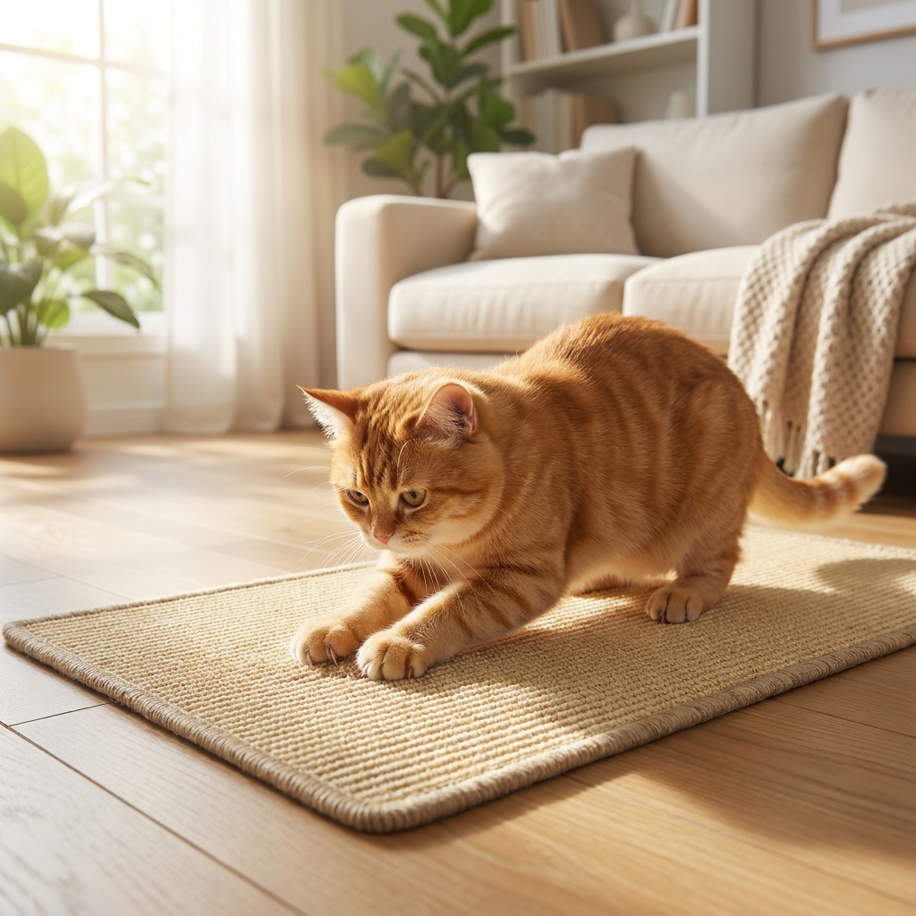 Cat scratching a sisal cat scratcher board mat - lifestyle