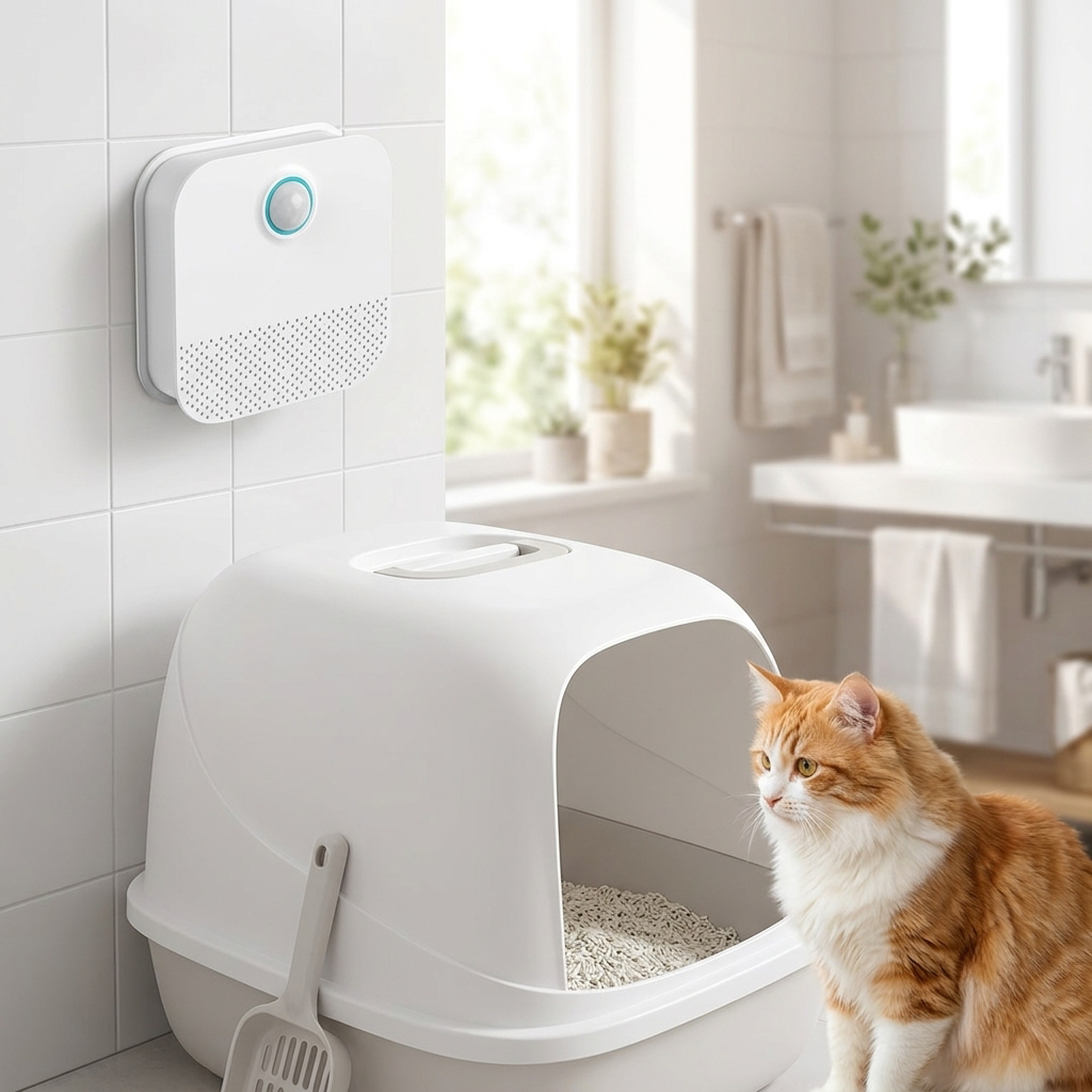 Smart odor purifier beside a cat litter box - lifestyle