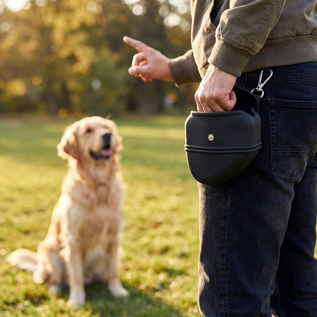 Person wearing a dog treat training pouch outdoors - lifestyle