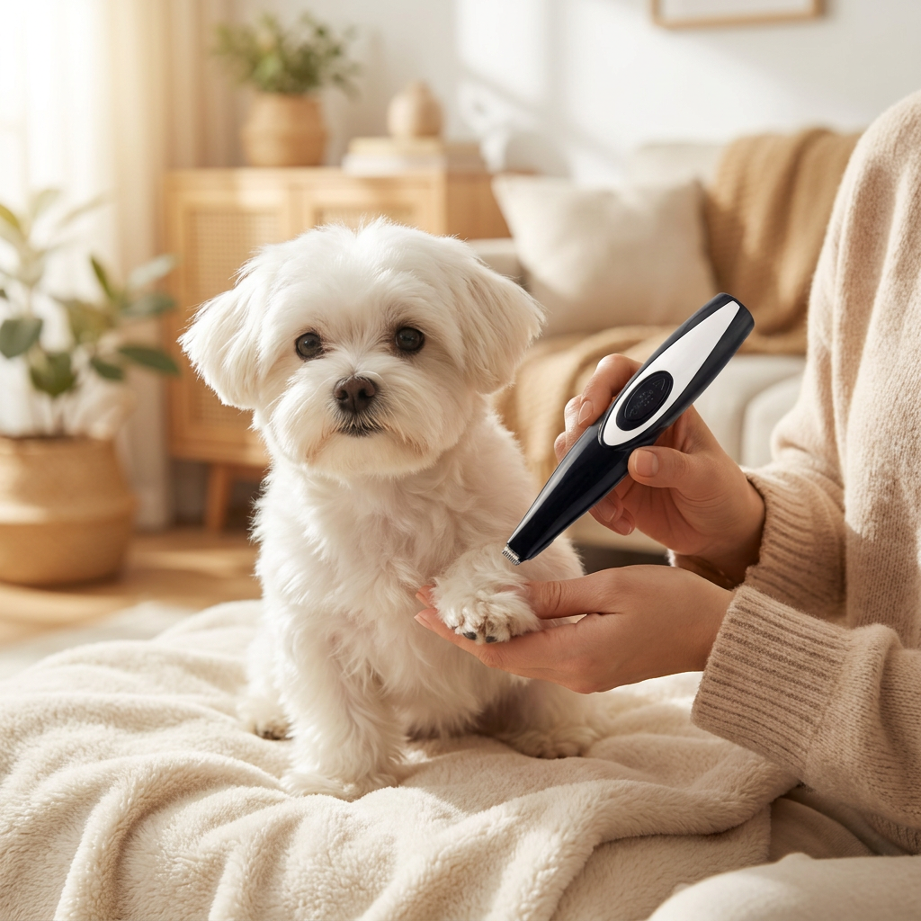 Person grooming a small dog with a precision trimmer - lifestyle