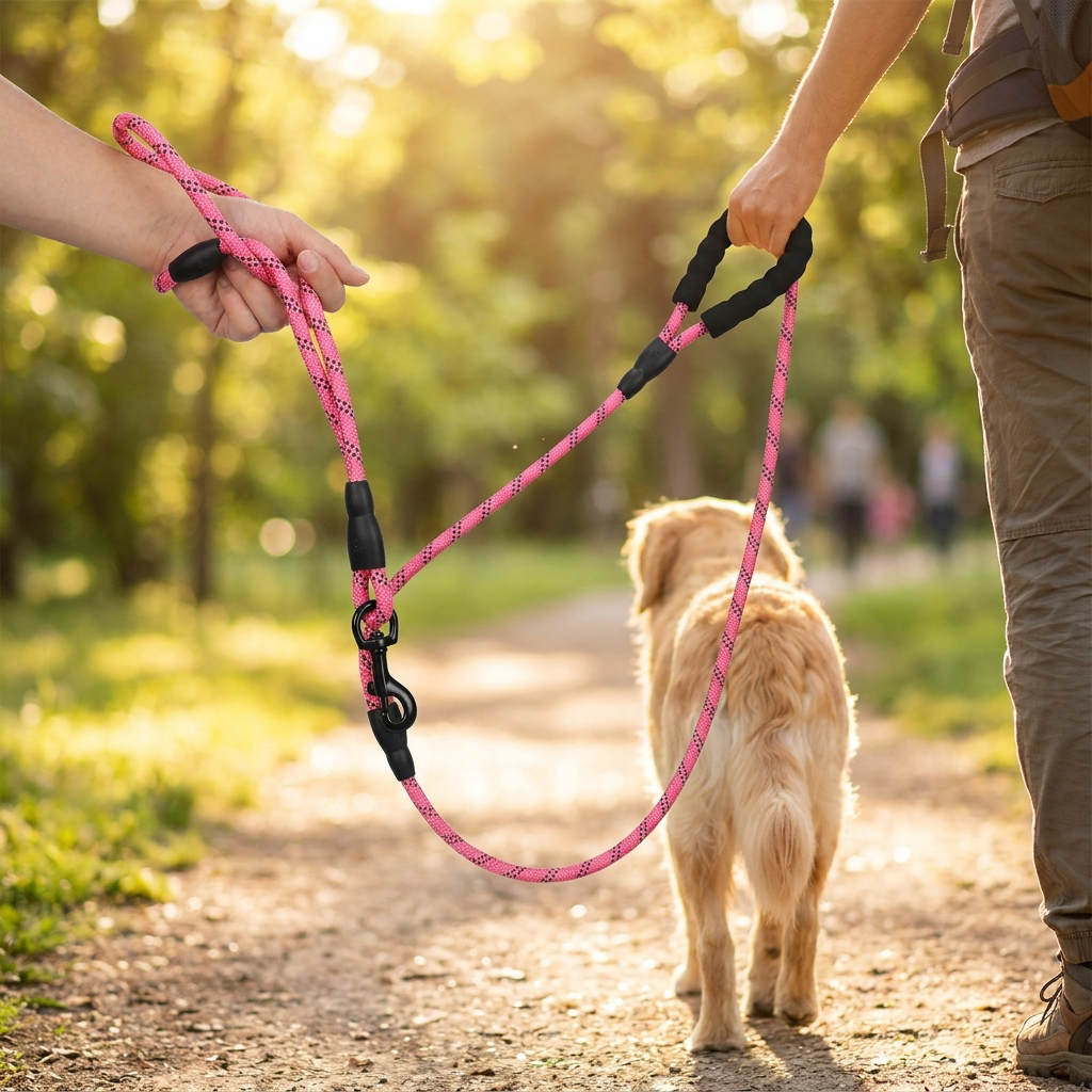 Person walking a dog with a reflective padded-handle leash - lifestyle