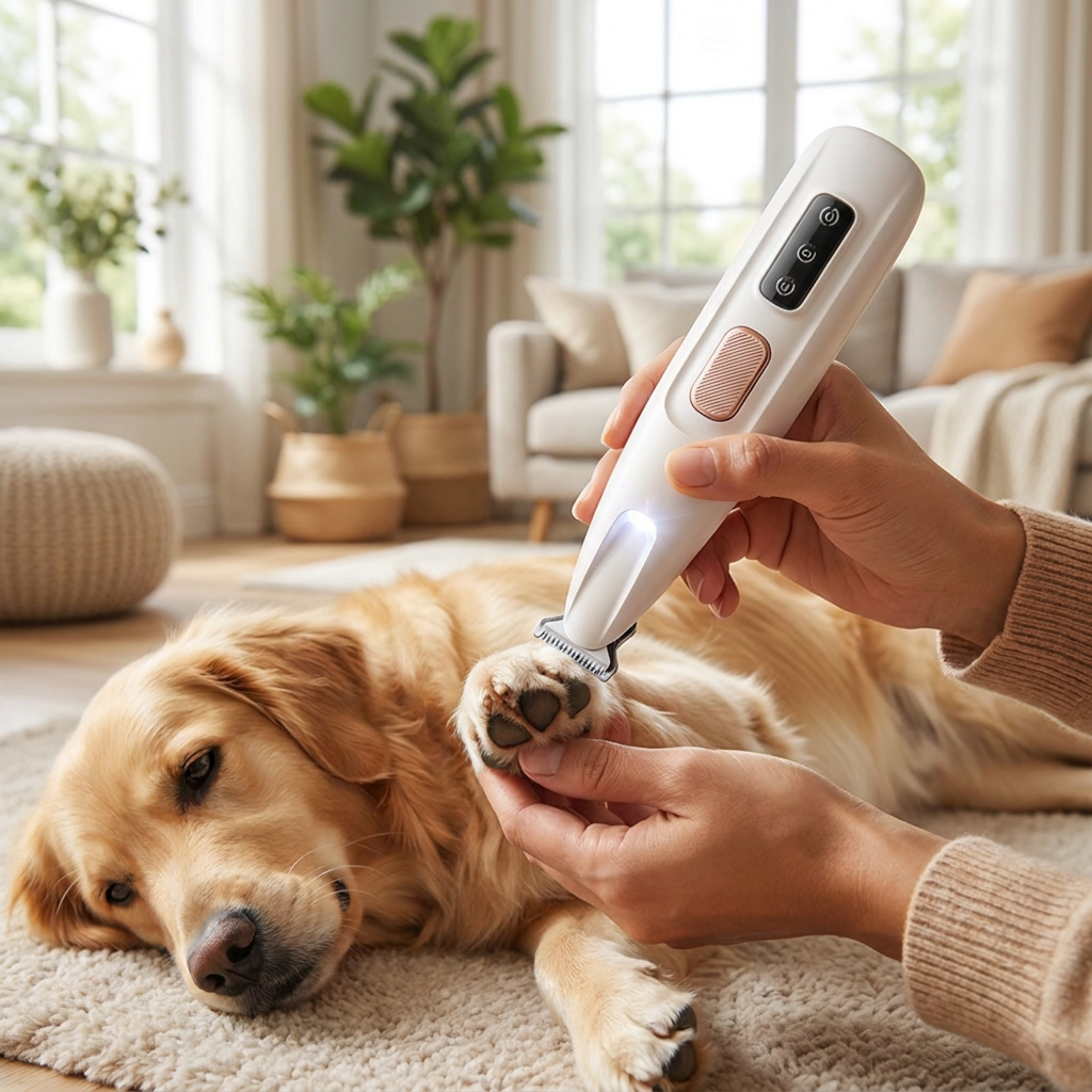 Person trimming a dog's paw hair with a portable trimmer - lifestyle