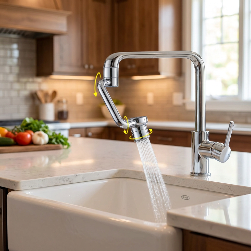 Rotating faucet extender on a kitchen sink faucet - lifestyle