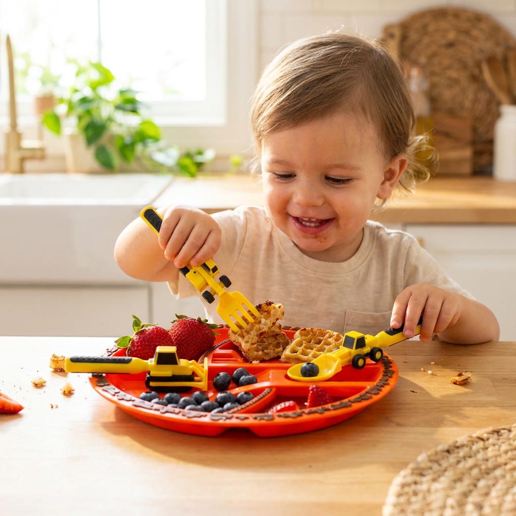 Toddler eating with a construction-themed combo set - lifestyle