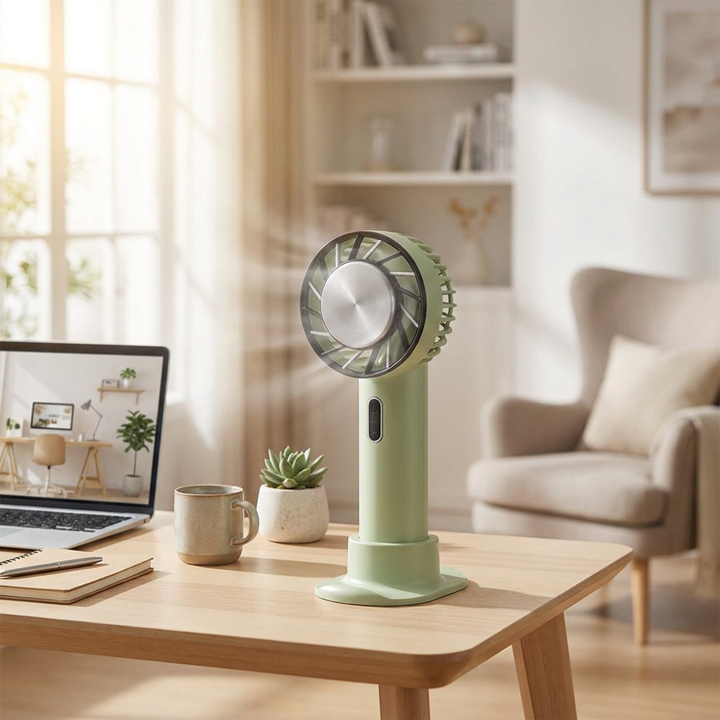 Portable air conditioner cooling fan on a desk - lifestyle