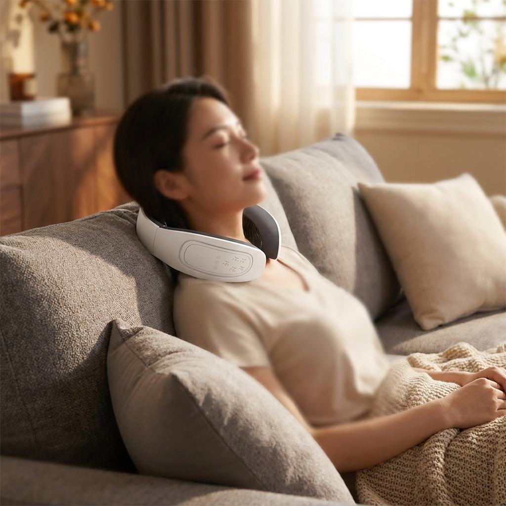 Person wearing a neck massager on a couch - lifestyle