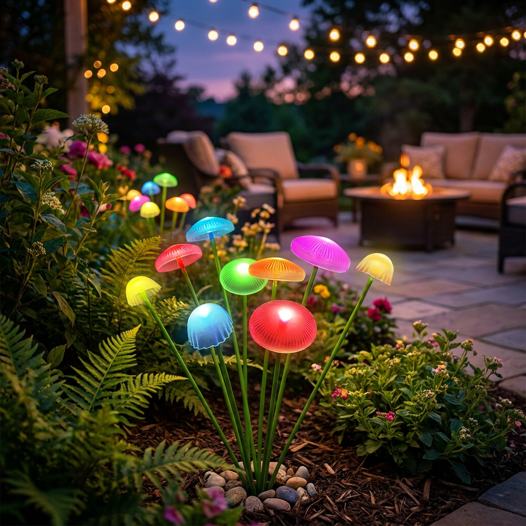 Solar jellyfish lights glowing in a garden at dusk - lifestyle