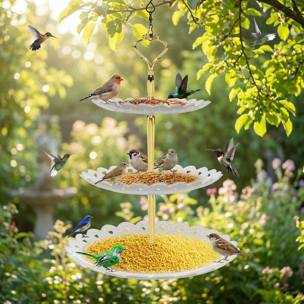 3-tier hanging bird feeder and bird bath in a green backyard - lifestyle