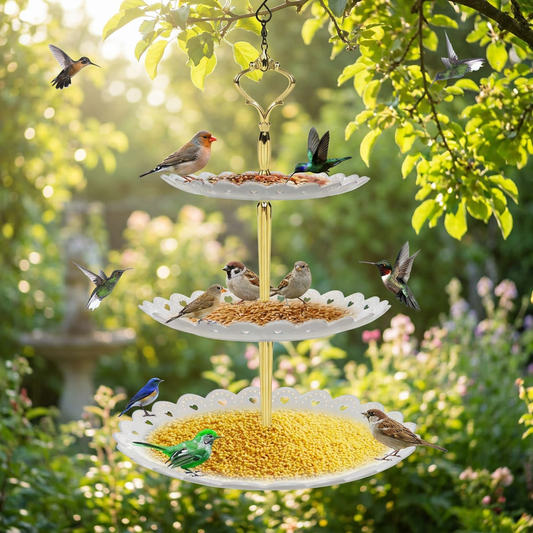 3-tier hanging bird feeder and bird bath in a green backyard - lifestyle